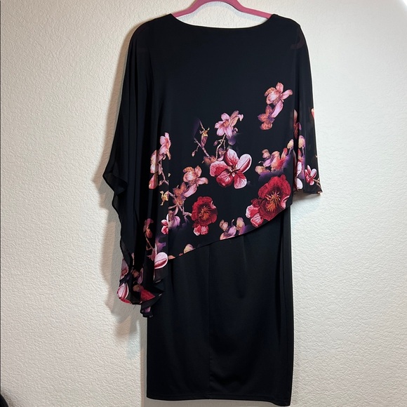 Elegant Asymmetrical Black Dress with Pink Floral Accents - Picture 5 of 11